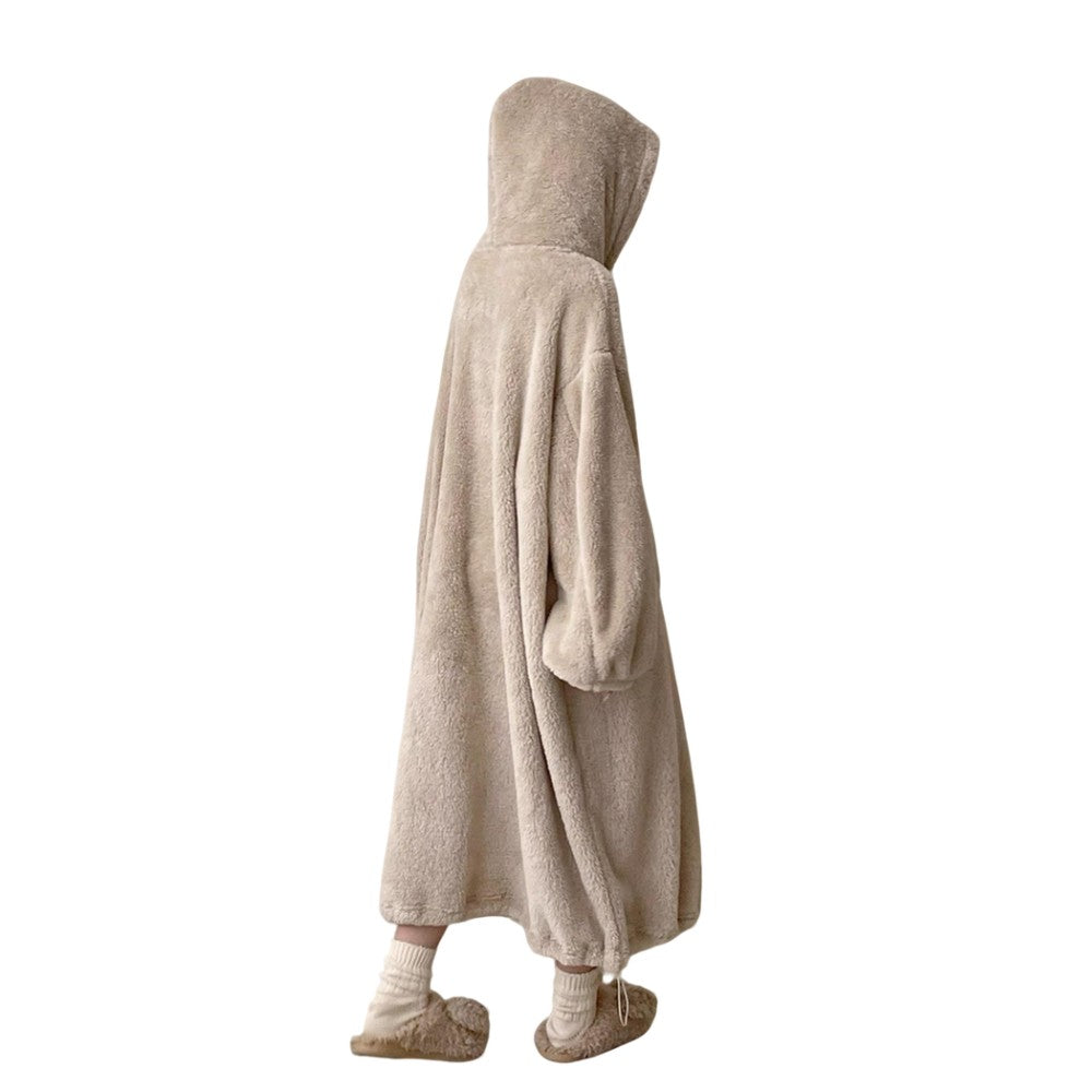 Oversized Coral Fleece Hoodie Sleep Dress Winter Warm Long Sleeve Loungewear Robe for Women